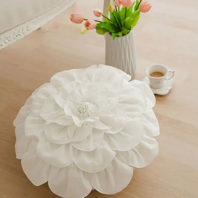 Plush white multi-layered fabric flower cushion with ruffled petals and central embellishment for home decor by decorbites 3d flowers pillows