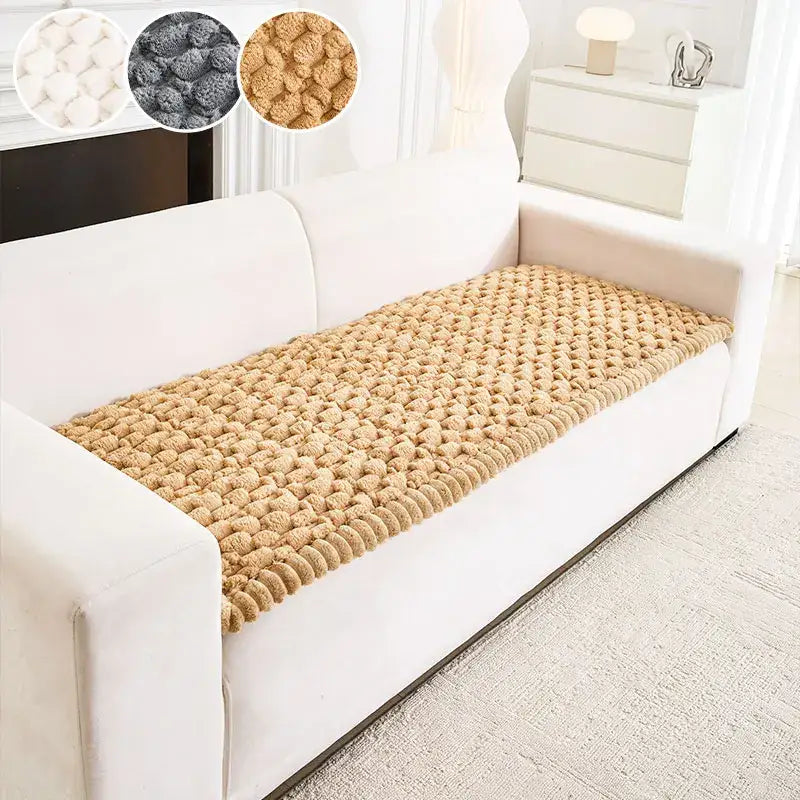 Beige textured knit sofa cushion cover with plush raised dot pattern for anti slip living room protection