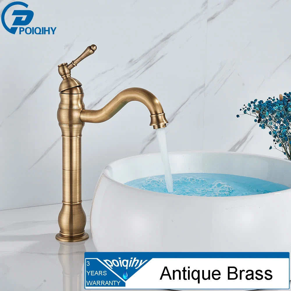 Antique brass single handle deck mounted bathroom faucet with curved spout for single hole basin vessel sink installation