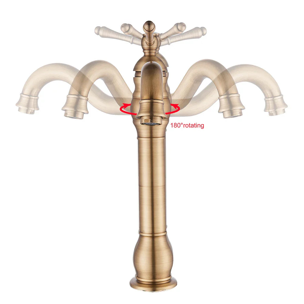 Poiqihy antique brass four-armed deck mounted single hole kitchen faucet with classic cross-handle housing material