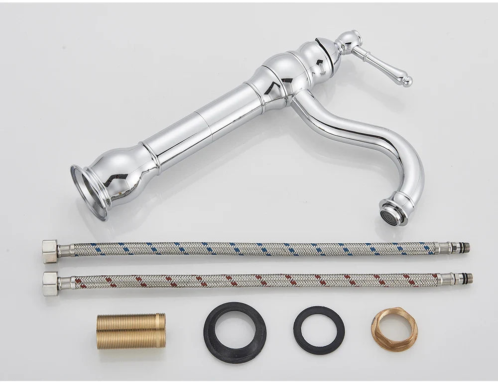 Chrome finished single hole deck mounted bathroom faucet with knurled handle and classic elongated spout housing material