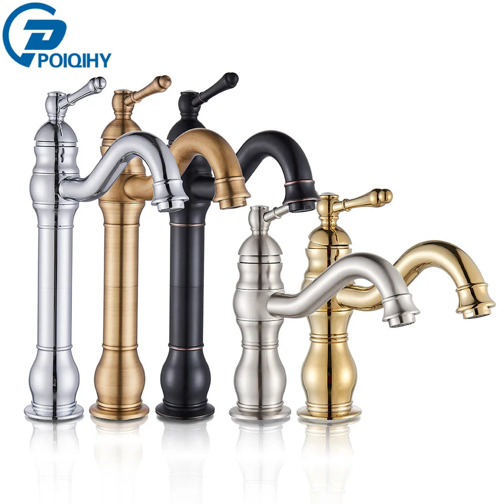 A deck mounted poiqihy antique brass basin vessel sink faucet with single hole design and ornate housing material finishes