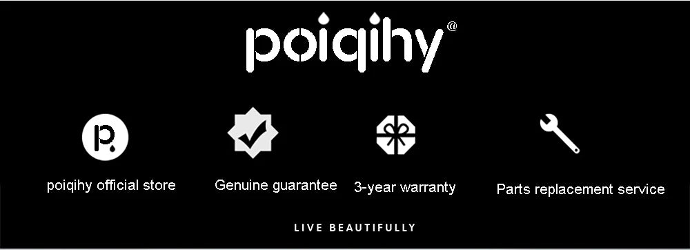 Poqihy official store logo with white stylized text on black background for deck mounted single hole brass faucet housing material