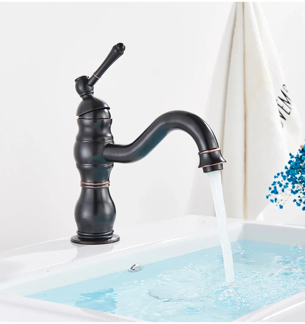 Black matte deck mounted basin vessel sink faucet with copper accents single hole and antique brass housing material