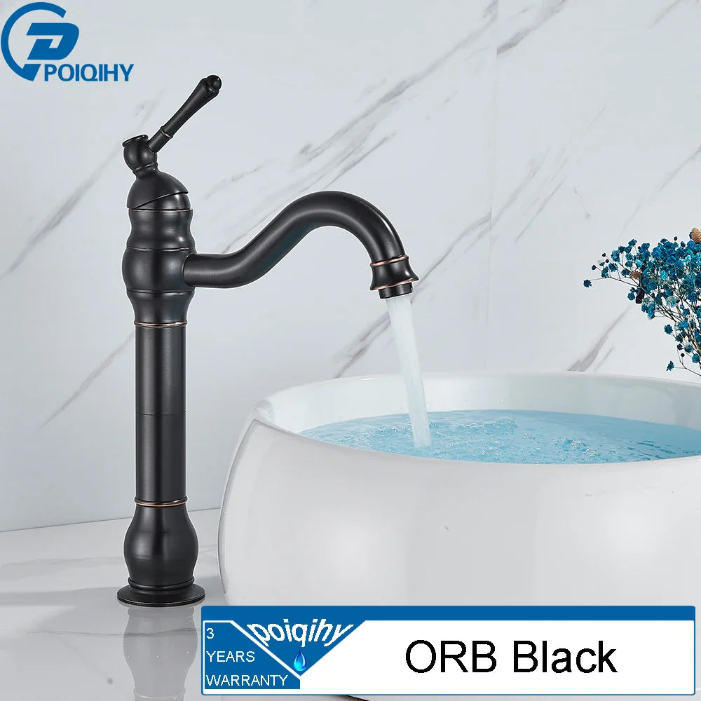 Poiqihy deck mounted single hole antique brass basin vessel sink faucet with orb black finish and curved spout