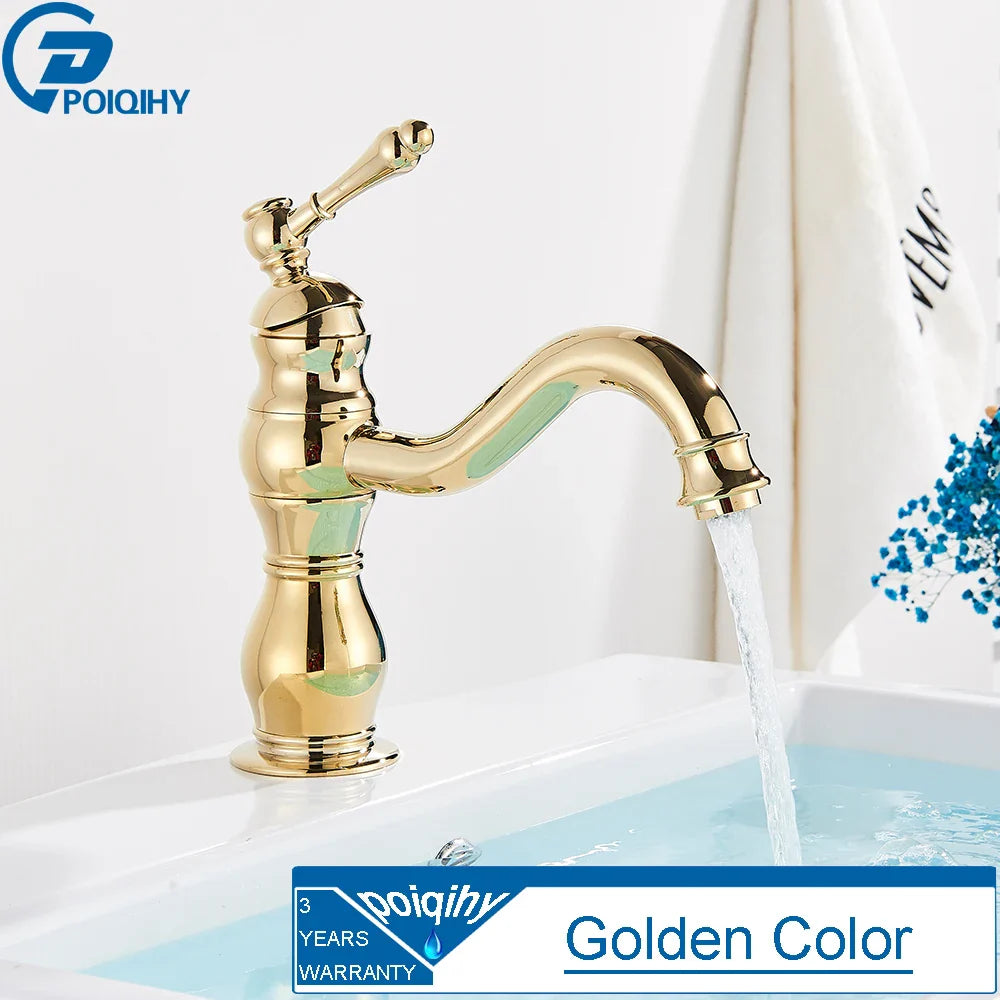 Golden brass-finished antique brass single hole deck mounted bathroom faucet with curved spout and vintage design housing material