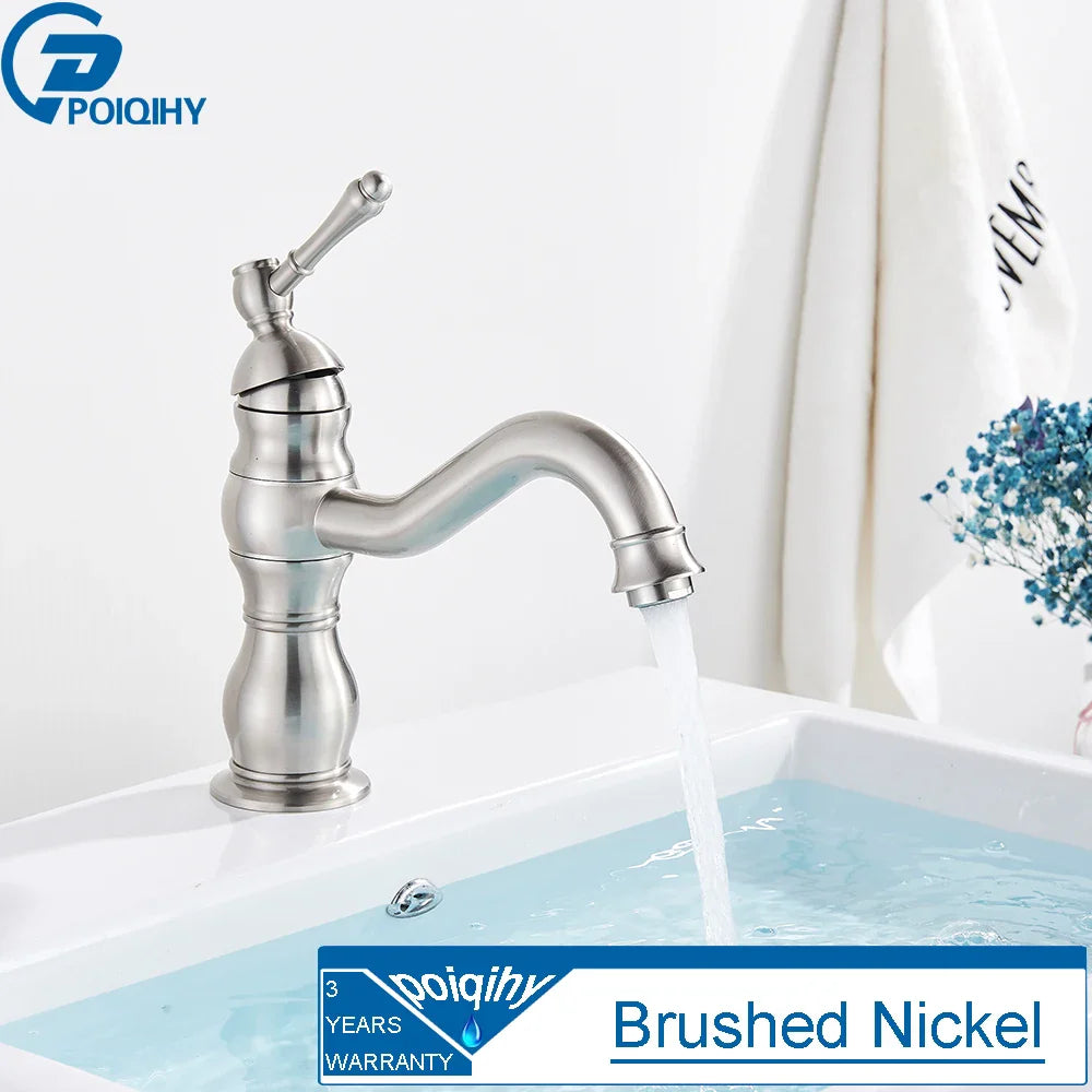Brushed nickel single-handle deck mounted bathroom faucet with curved spout and decorative segmented housing material