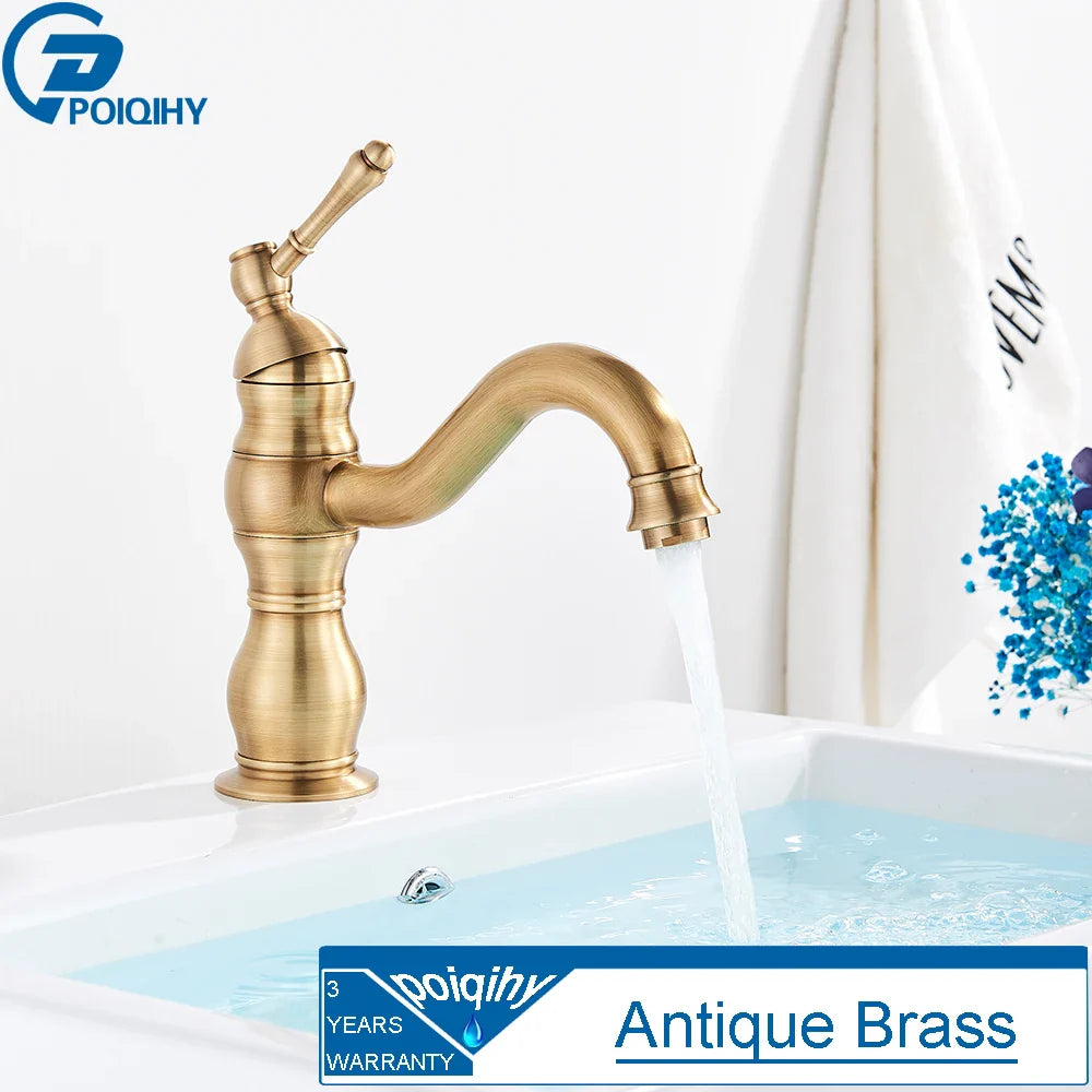 Antique brass single hole deck mounted bathroom faucet with ornate design and curved spout housing material brass