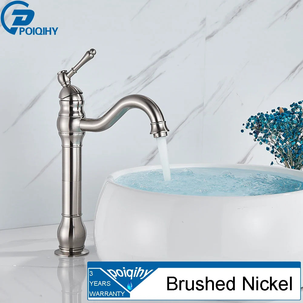 Brushed nickel single handle bathroom faucet with curved spout deck mounted single hole housing material metal