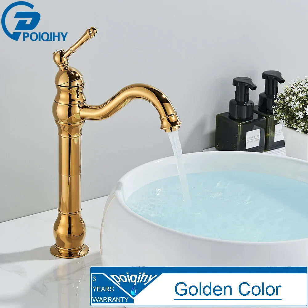 Golden brass-finished single hole deck mounted bathroom faucet with vintage design and brass housing material for cold hot water