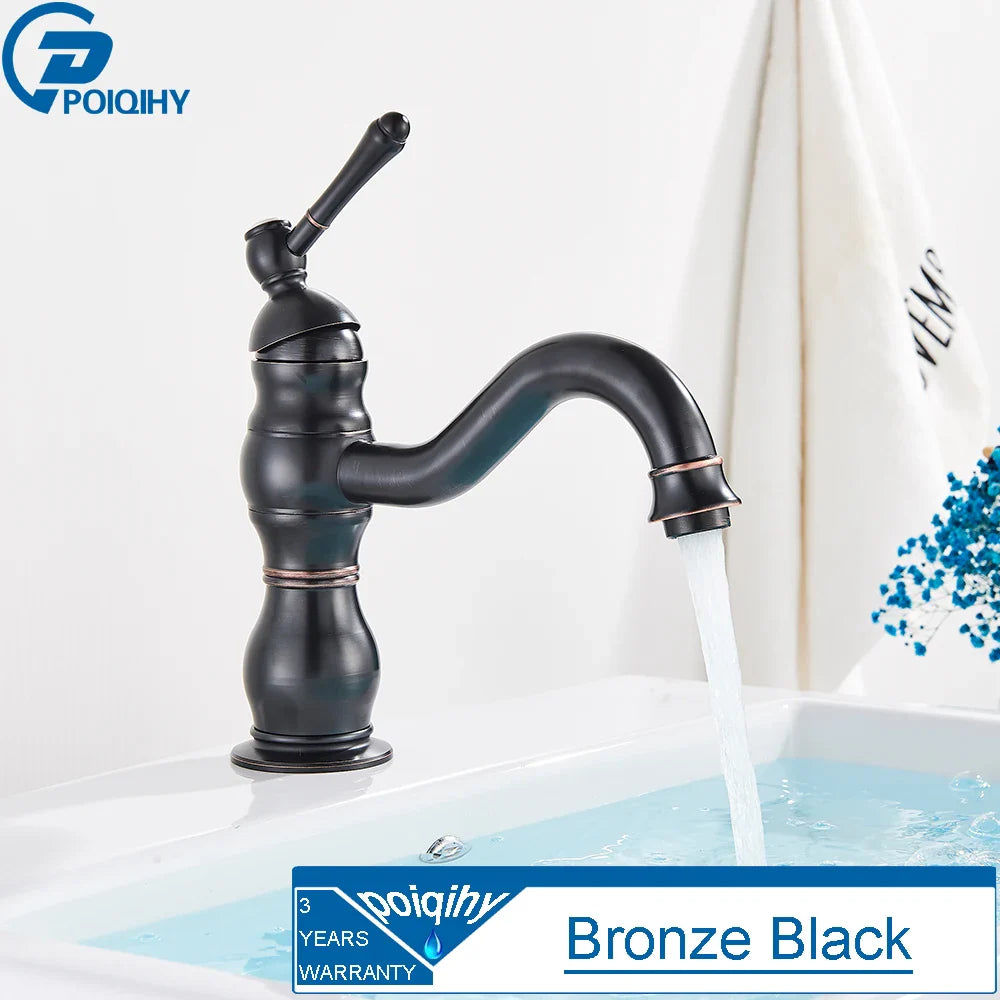 Bronze black deck mounted single hole bathroom faucet with antique brass housing material and ornate curved spout design