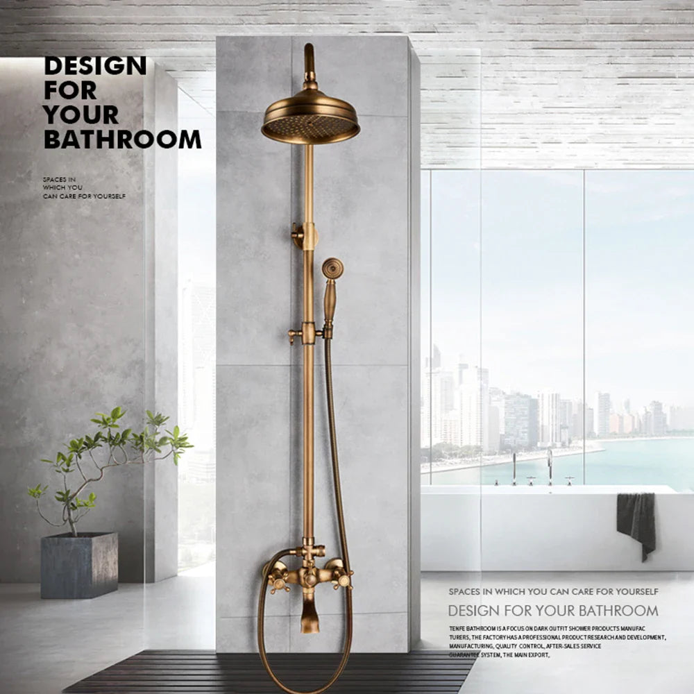 Brass-finished antique shower set with round rainhead handheld nozzle swivel spout and sliding bar for bathroom use