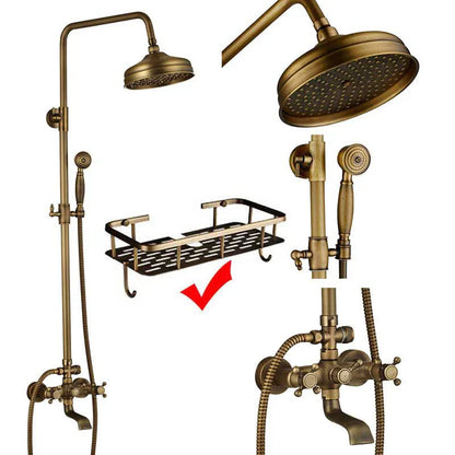 Brass-colored metal shower caddy with grid pattern and curved hooks for poiqihy antique wall shower set
