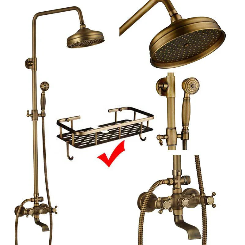 Brass-colored metal shower caddy with grid pattern and curved hooks for poiqihy antique wall shower set