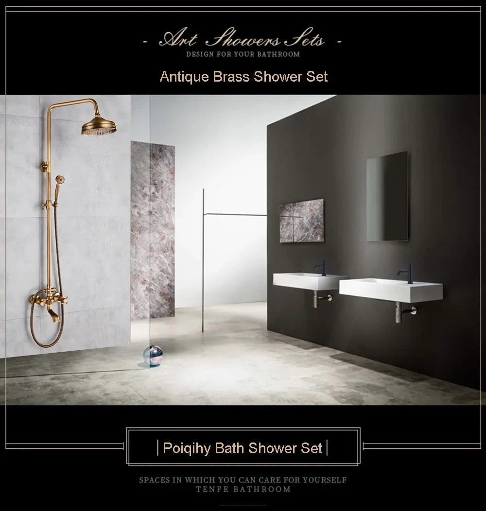 Antique brass shower set with curved overhead rainhead and handheld spray featuring polished metallic finish