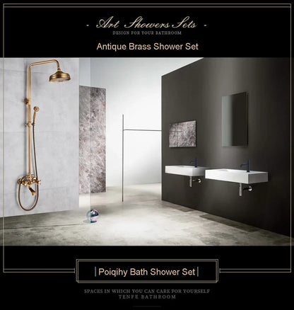 Antique brass shower set with curved overhead rainhead and handheld spray featuring polished metallic finish