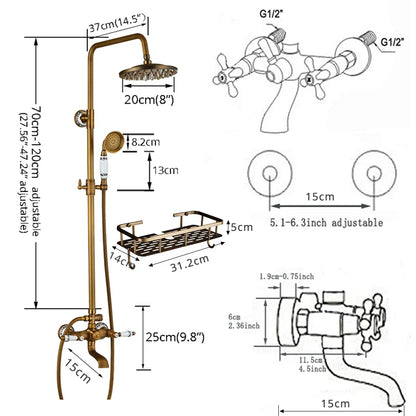 Brass-finished vintage-style shower system with adjustable rainhead and handheld spray featuring wall faucet assembly