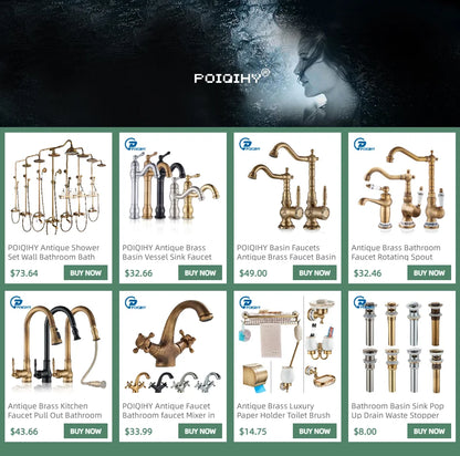 Antique brass bathroom faucet with classic curved spout and ornate detailing from Poiqihy shower set