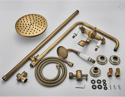 Antique brass POIQIHY bathroom shower set with round rainhead handheld sprayer and decorative ceramic knobs