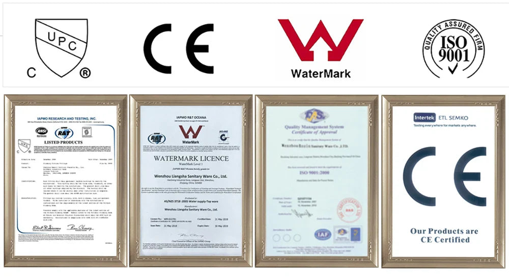 Four framed certification documents displayed on white background for poiqihy antique brass rainfall shower system