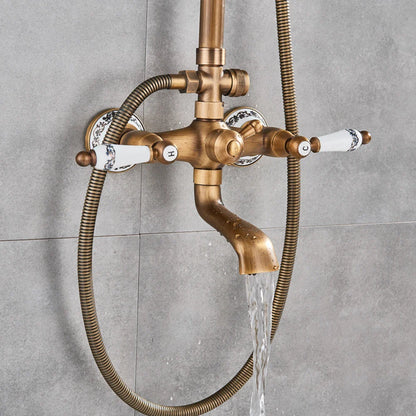 Antique brass bathtub shower faucet with white ceramic handles blue floral patterns and flexible hose POIQIHY shower set