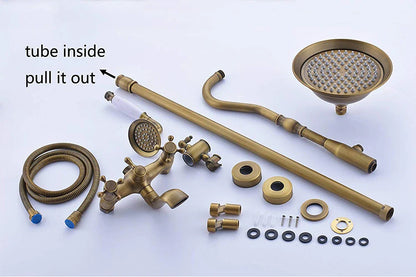 Antique brass bathtub shower faucet set with matching rainhead handheld sprayer in poiqihy sliding bar system
