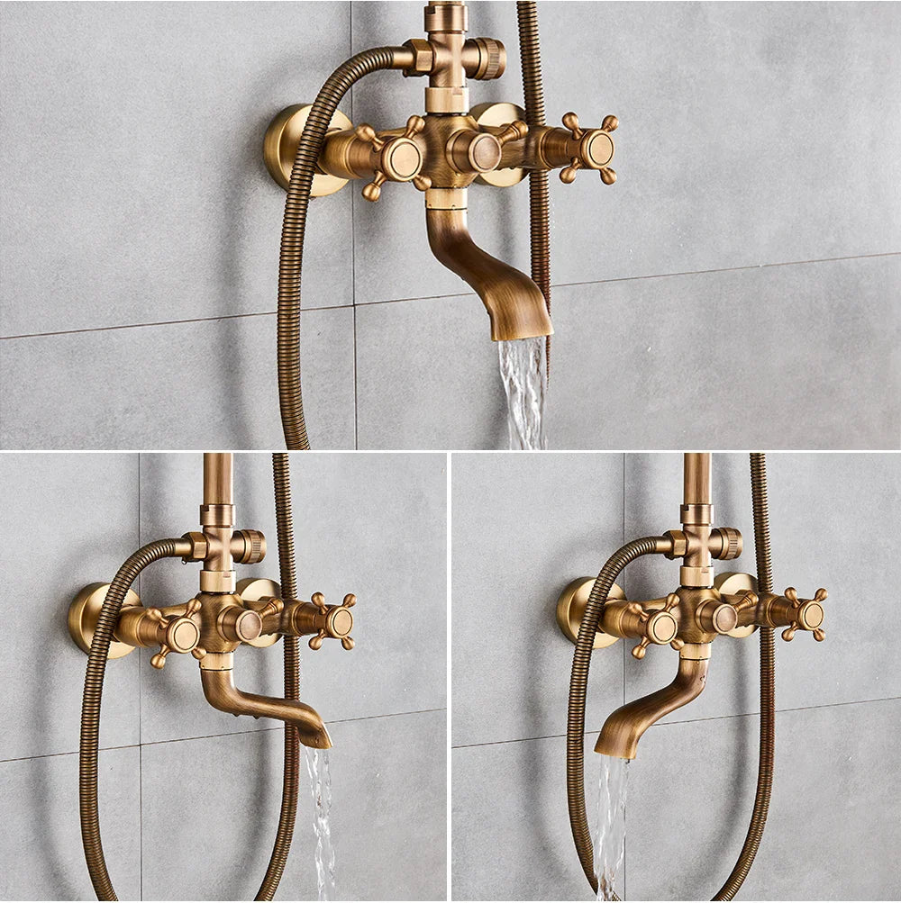 Brass-finished antique shower faucet with three cross handles and flexible hose from poiqihy sliding bar system