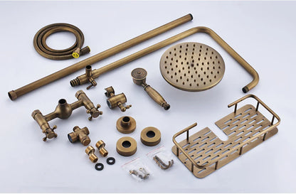 Brass-finished vintage-style shower kit with round rainhead handheld sprayer and matching rack for bathroom use