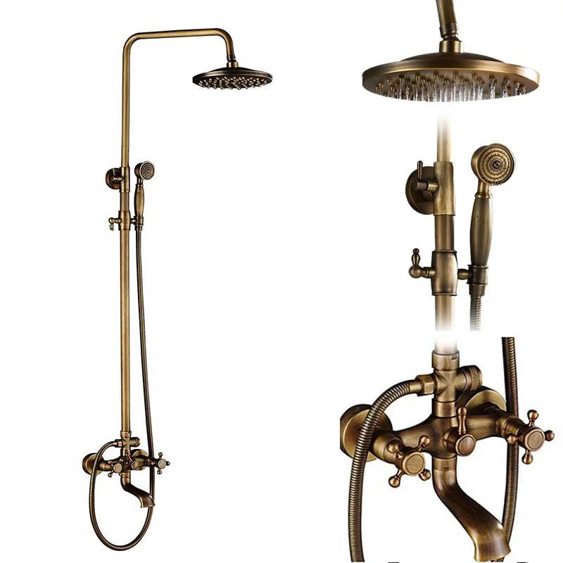Antique brass-finished POIQIHY shower system with rainhead, handheld spray, and wall-mounted faucet for bathroom use
