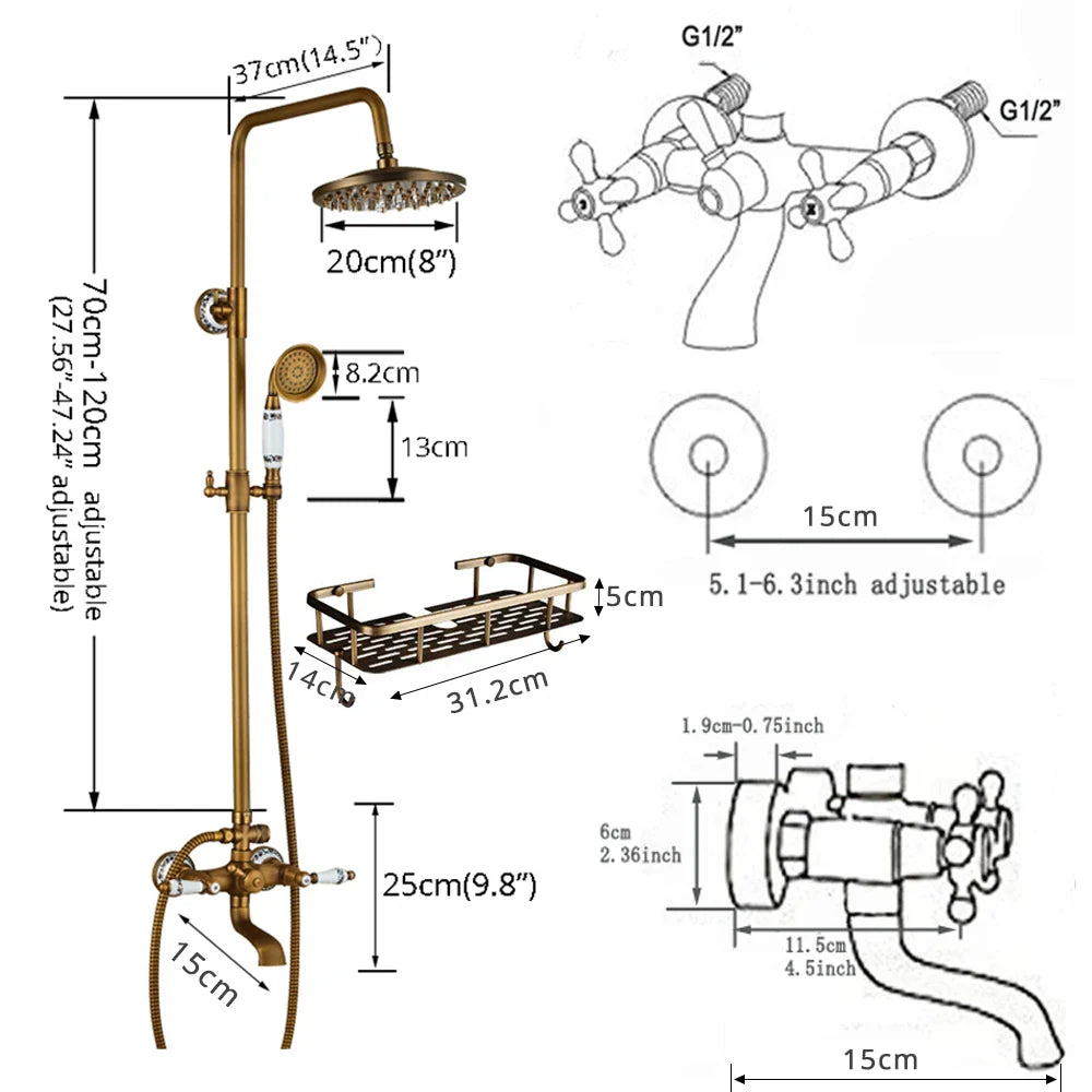 Brass-finished poiqihy antique shower set with adjustable rainhead handheld spray and wall-mounted faucet assembly