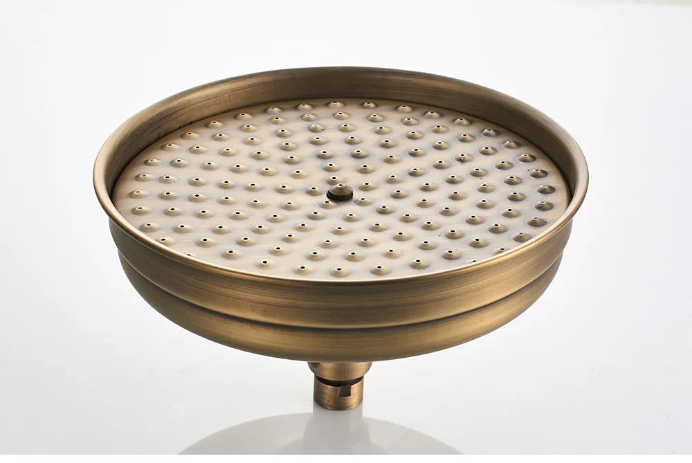 Antique brass-finished shower head with circular nozzles and central mount for POIQIHY rainfall shower system