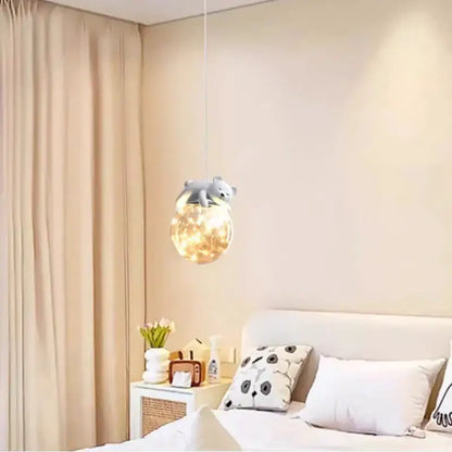 A gray polar bear glass animal led chandelier with warm fairy lights for children’s room or room animal led decor