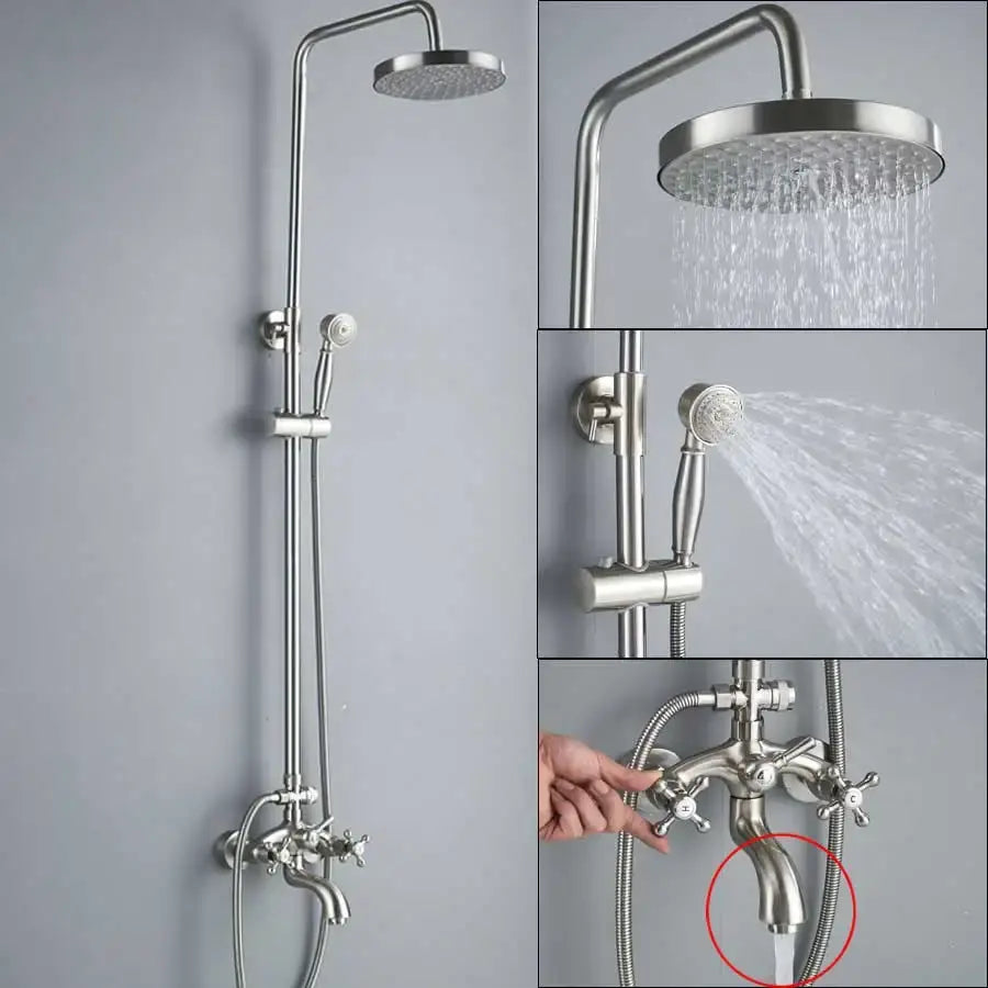 Polished chrome rainfall shower faucet set in stainless steel with rainhead and handheld for modern bathroom use