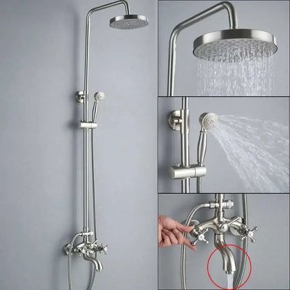 Polished chrome rainfall shower faucet set in stainless steel with rainhead and handheld for modern bathroom use