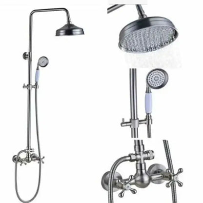 Polished chrome stainless steel shower faucet set with tall rainhead handheld sprayer and light blue ceramic handles
