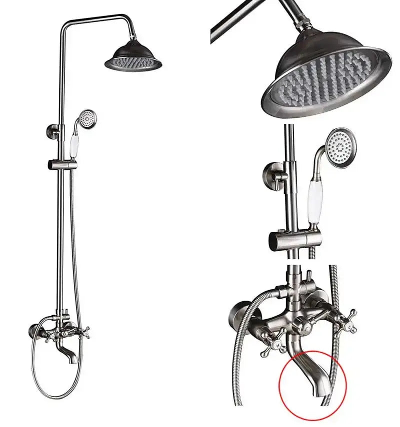Brushed nickel finish shower faucet set with cross-handle design and integrated hose connections for bathroom use
