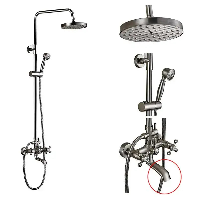 Bronze-finished shower faucet set with cross-shaped handles and curved spout for bathroom use