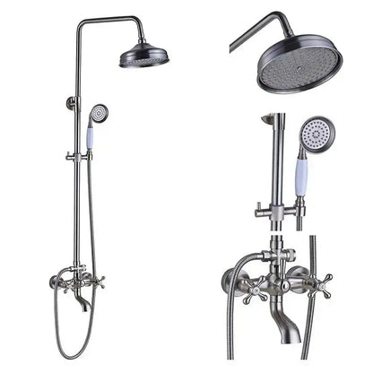 Stainless steel matte finish shower faucet set with tall overhead rainhead and handheld spray with light blue handles