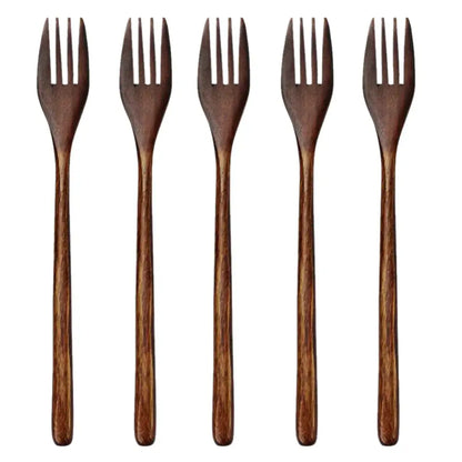 Set of five polished dark brown wooden forks with natural wood grain finish for dining with wooden spoon soup sets