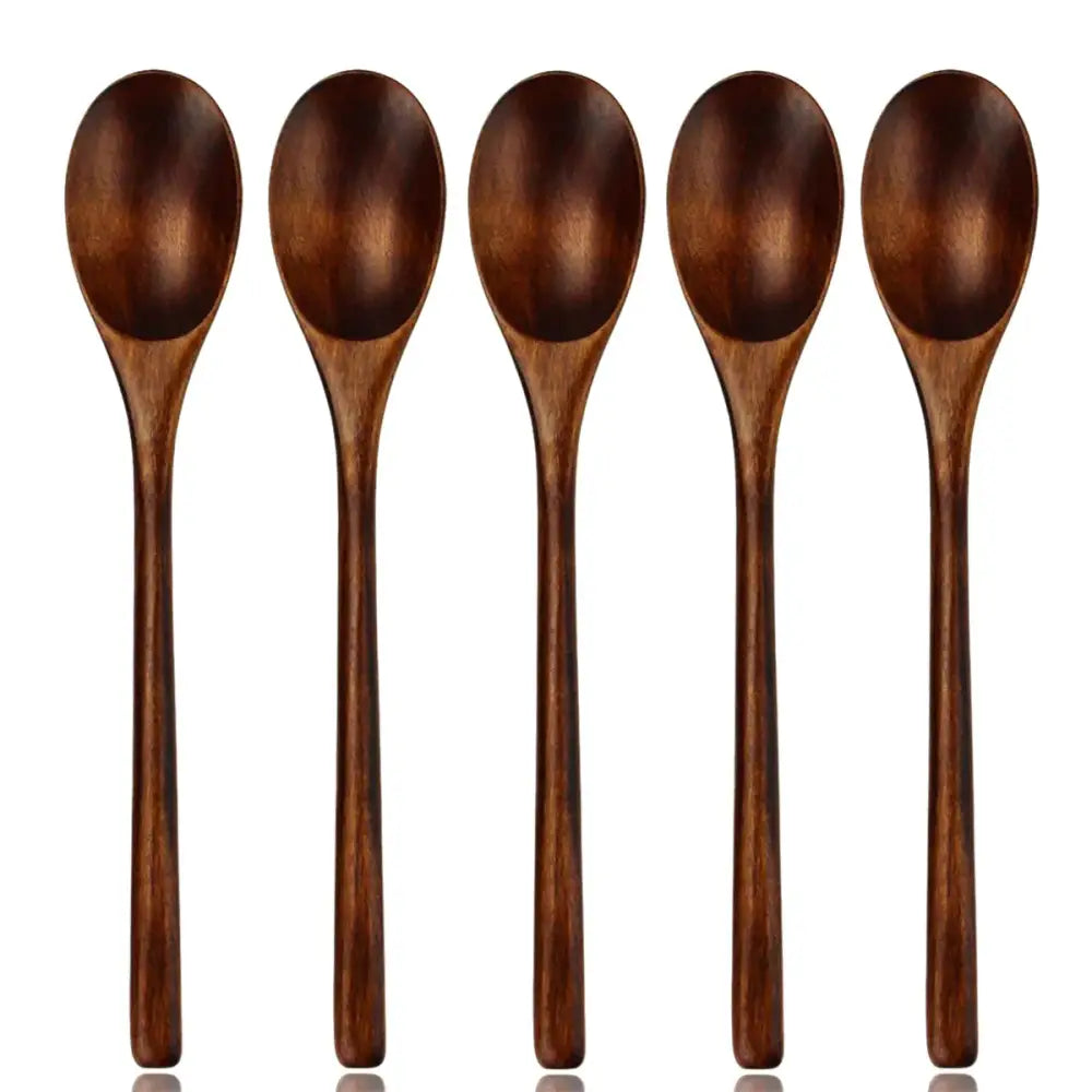 Set of five polished dark brown wooden spoons with natural grain for wooden spoon soup and dining room use