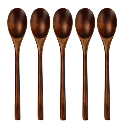 Set of five polished dark brown wooden spoons with natural grain, ideal for wooden spoon soup and dining use
