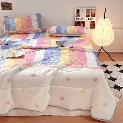 Pastel rainbow-striped plush quilt with heart motifs in polka dot smile white and red cool comforter set bedroom bedding