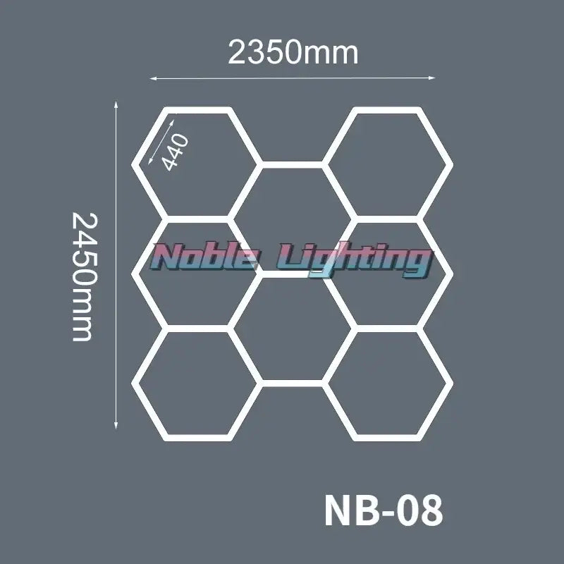 Hexagonal noble lighting nb-08 geometric led lights with white outlines on gray background for garage workshop decor