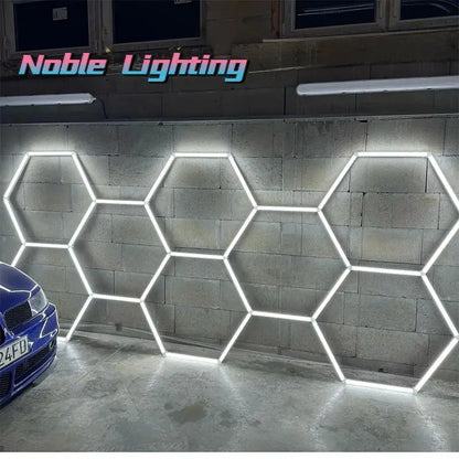 White led hexagonal decorbites geometric led lights mounted on concrete wall for garage workshop decor