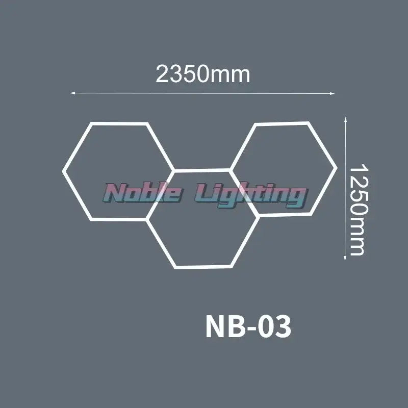 White hexagonal led light fixture model nb-03 by noble lighting 2350mm by 1250mm for garage workshop decorbites geometric led lights