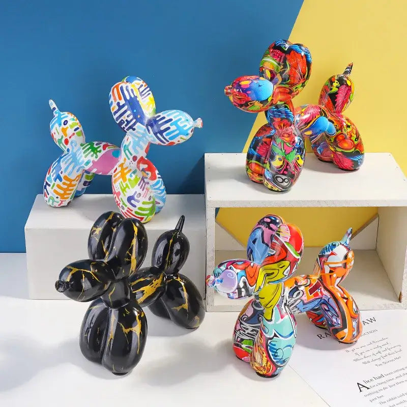 Vibrant pop art floral balloon dog sculpture with glossy graffiti patterns and black gold splatter accents for living room decor