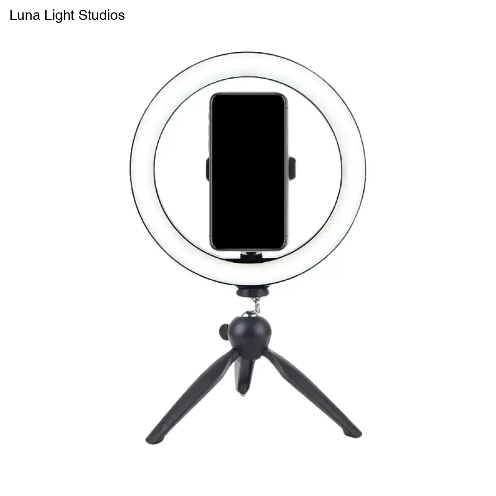 Portable black and white led ring light with smartphone holder on tripod stand compatible with 110v-120v and 220v-240v