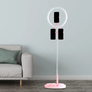 Portable pink and white led ring light stand with three phone holders and usb port compatible with 220v-240v