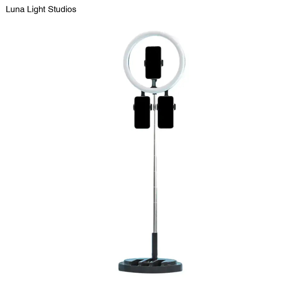 White ring light with three phone holders on a silver telescopic stand usb port black white pink 220v-240v