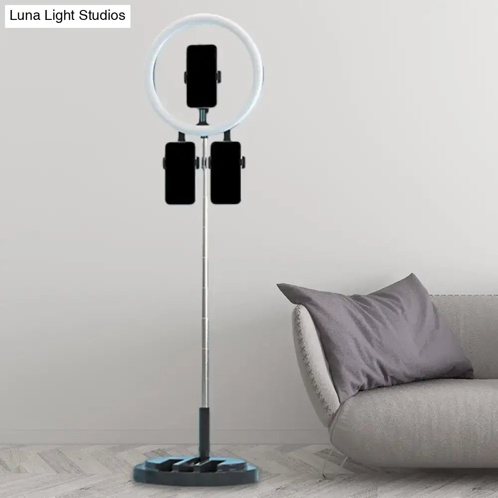 White ring light with three phone mounts on a silver telescopic stand featuring usb port for 220v-240v use